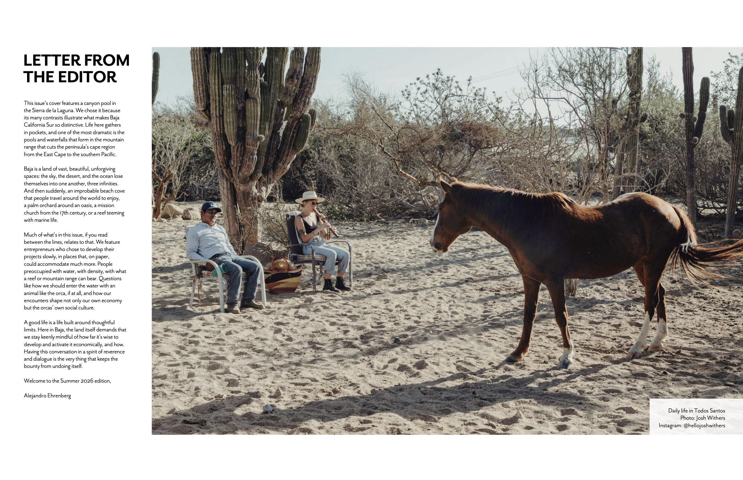Magazine page featuring Josh Withers' photograph of a woman playing music to a horse among cacti in Todos Santos, Baja California Sur.
